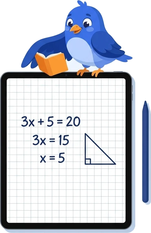 Wing, the LessonWing bird, perched on a tablet with a solved equation on the lesson board